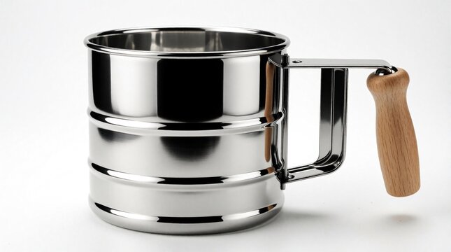 Stainless steel flour sifter with wooden handle isolated on white background. Pro metal sieve tool for baking powder icing sugar. Kitchen utensil for cooking food preparation in home restaurant.