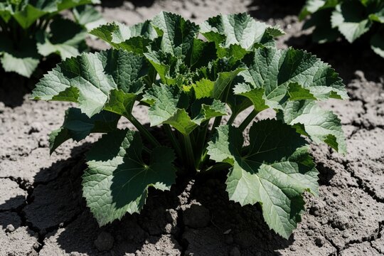 Green Ligularia plant grows in cracked dry soil under hot sun. Large heart shaped leaves need water, care to survive drought. Close up of garden vegetation in parched earth during summer heat, lack