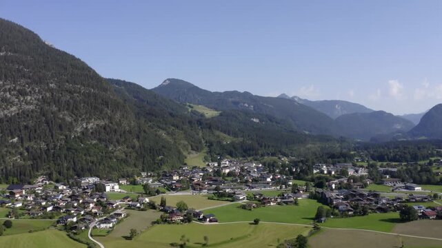 Drone flight over Lofer, Saalachtal, Pinzgau, Land Salzburg, Austria