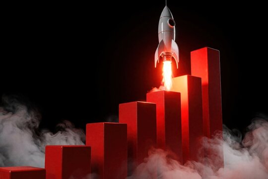 Red 3D bar chart shows rapid business growth. Silver rocket ship launches from top column into black sky with fire, smoke. Successful startup concept representing high profit, financial success,