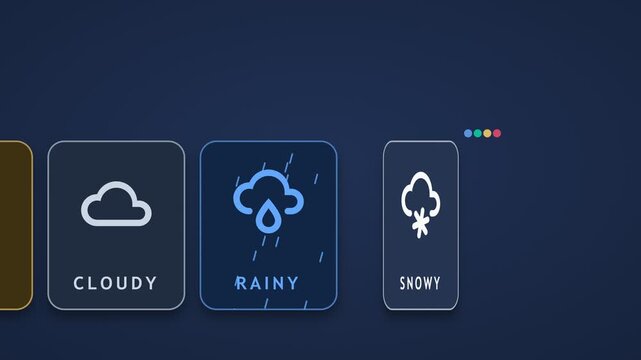 Weather for kids cards sunny, cloudy, rainy and snowy under a rainbow on dark blue background