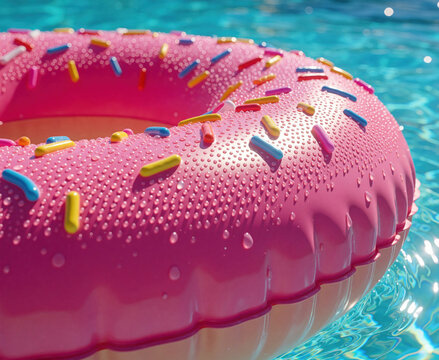 Pink doughnut pool float with colorful sprinkles floats on bright turquoise water. Close up view of inflatable donut ring with water droplets. Summer vacation concept of leisure, fun at tropical