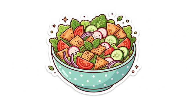 Fresh fattoush salad bowl vector illustration with pita bread and