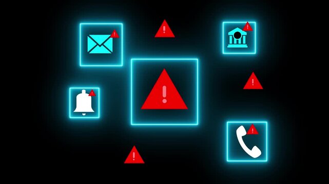 Showing alert messages and phishing scams targeting email, bank, and personal data. motion graphic of cybersecurity warning and online safety concept.