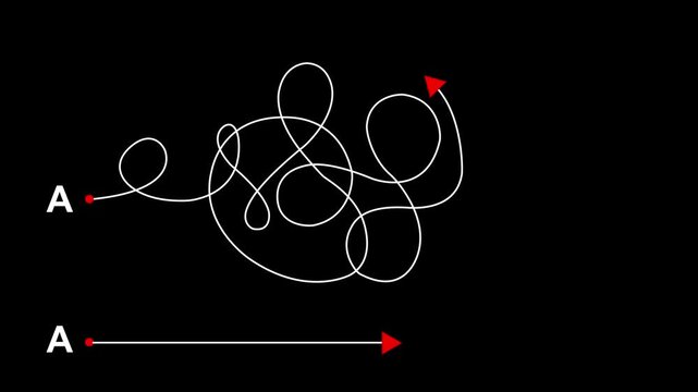 Complex and easy way from point A to B. hand drawn doodle scribble chaos path lines, isolated on a transparent background. motion graphic of a path line concept.