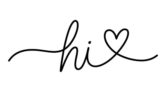 Cursive hi text with heart line art.