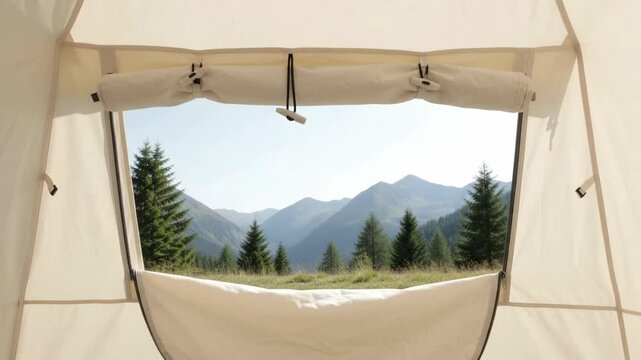 Hand Opening a Canvas Tent Window Flap to Show a Mountain Forest View