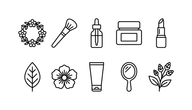 Natural Beauty Botanicals, line icon set featuring flower crown, makeup brush, serum bottle, cosmetic jar, lipstick, botanical leaf, flower blossom, skincare tube, beauty mirror and herbal sprig,