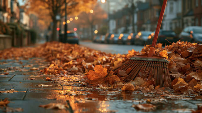 Suburban Street With Swept Leaf Piles