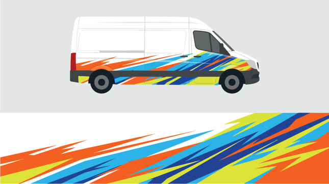 Car Wrap Design with Dynamic Striped Livery in Orange Blue Yellow