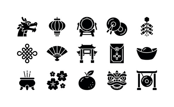 Dragon Dance Festival, solid glyph icon set featuring dragon puppet, lantern, drum, cymbal, firecracker, lucky knot, folding fan, festival gate, covering Lunar New Year, Chinese festival, dragon
