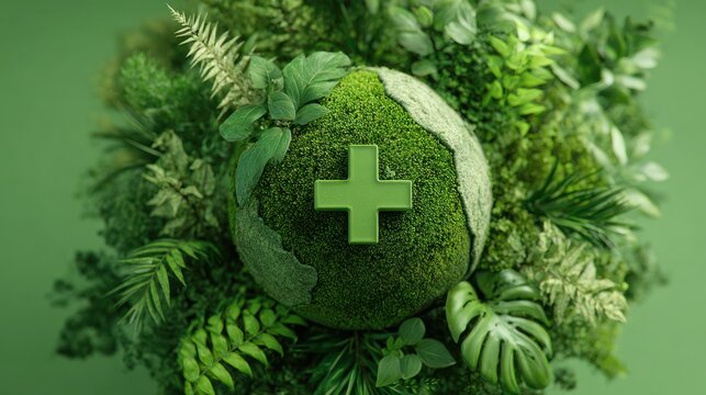 Earth globe made of greenery with a plus sign, surrounded by lush foliage