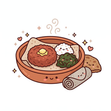 Cute cartoon kitfo ethiopian food illustration with injera bread and