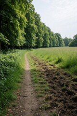 Fototapeta premium Tall green trees border meadow in summer. Muddy dirt path runs through grassy field. Damaged soil, messy earth trail create contrast with pristine woodland. Natural landscape shows wild park scenery