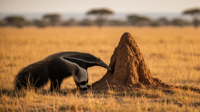 Giant anteater investigates large termite mound in sunny savanna. Wild insectivore searches for food among dry grass in African wilderness. Endangered mammal explores natural habitat during golden