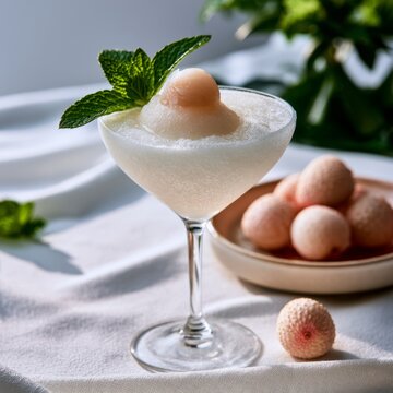 frozen lychee cocktail garnished with mint on white table
