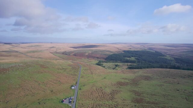 Fields and Road B3212 over Sharpitor in Dartmoor National Park, Devon, England, United Kingdom