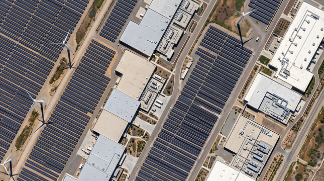 Aerial view of industrial campus with solar arrays and wind turbines