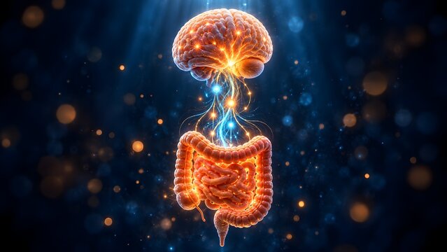 3D illustration of the gut-brain axis showing glowing neural pathways connecting the human brain and intestines representing digestive and mental health