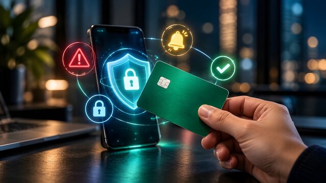 Hand holding a green credit card next to a smartphone with glowing holographic security icons representing secure online payment and mobile banking protection