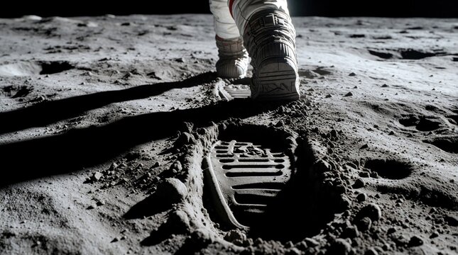 Astronaut boots leave deep footprints on dusty moon surface. Close up view of lunar soil with human tracks. Space explorer walks on moon crater landscape. First step on moon signifies space mission