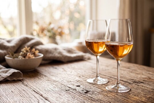 Duas ta&ccedil;as de vinho &acirc;mbar sobre mesa r&uacute;stica de madeira com luz natural, clima acolhedor, espa&ccedil;o para texto