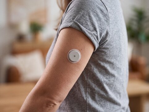 Sensor de monitoramento cont&iacute;nuo de glicose no bra&ccedil;o, tecnologia moderna para diabetes, espa&ccedil;o para texto