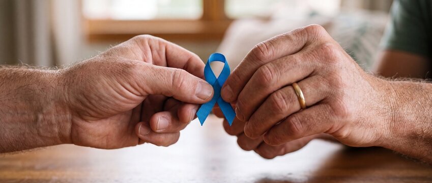Duas m&atilde;os masculinas segurando juntas um pequeno la&ccedil;o azul, apoio e conscientiza&ccedil;&atilde;o