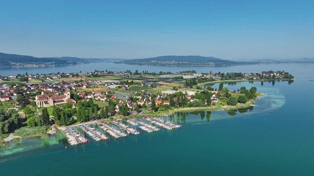 Aerial view of the island of Reichenau, in western Lake Constance, Untersee, with the marina, pleasure boat harbour Herrenbruck, on the left the cathedral of St. Maria and Markus and the monastery, f