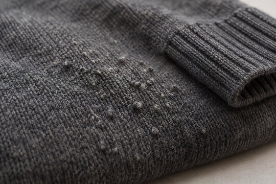 Pilling and lint damage on folded gray knit sweater macro