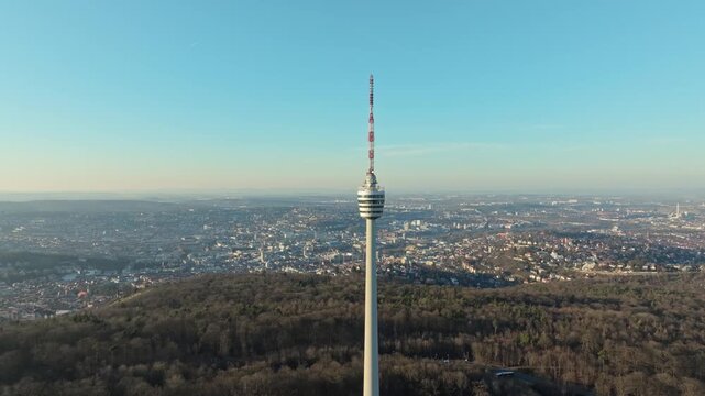 Aerial view of the 216.6 metre high Stuttgart television tower, observation tower, restaurant, radio transmitter, tourist attraction and historical landmark, in operation since 1956. Behind it the st