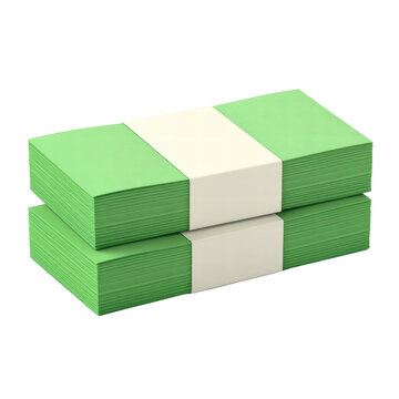 Two stacks of blank green money packs isolated on black