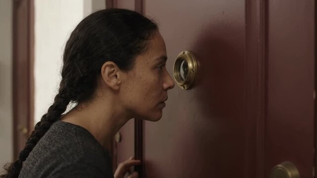 Woman Looks Through the Peephole of a Closed Door