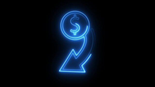 Neon dollar coin icon with downward arrow graphic animation for business financial reports.