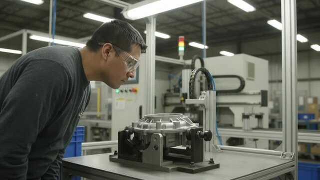 Factory Worker in Safety Glasses Inspecting Metal Component on Production Jig