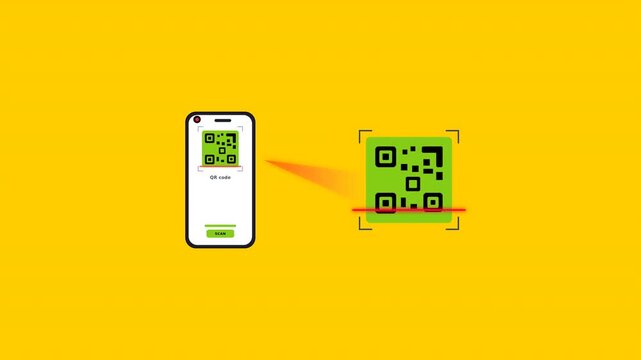 A QR code scanning concept illustration featuring a smartphone scanning a green barcode against a vibrant yellow background