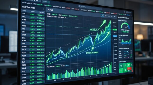 Financial Trading Terminal Displaying Bullish Trend Stock Chart Breakout Analytics and Market Sentiment Dashboard