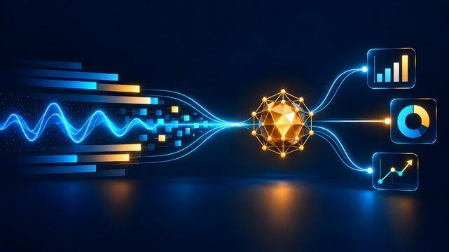 Big data analytics pipeline transforming raw information streams into actionable business intelligence charts on glowing screens
