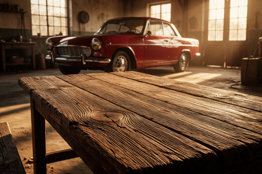 Vintage red classic car parked in old rustic garage. Close up view of weathered wooden table in foreground. Sunlight shines through windows on retro automobile, workshop interior. Antique vehicle