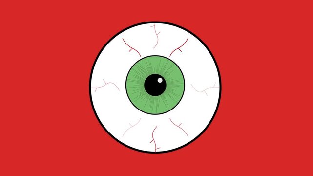 A close up of a cartoon eyeball with a green iris and black pupil.