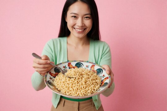 Smiling young Asian woman holds bowl of tasty instant noodles. Wears green cardigan, poses with spoon against pink background. Happy female eats delicious snack meal for lunch dinner at home. Joyful