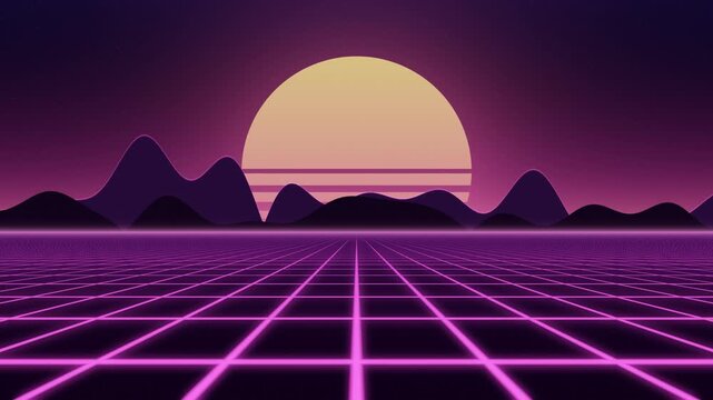 Seamless looping 4K retro synthwave background, neon pink grid moving toward a striped 80s sunset with mountains