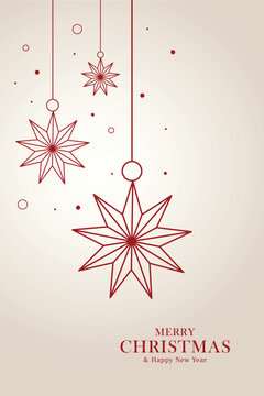 Luxury red line art Merry Christmas and Happy New Year greeting card template with minimalist hanging star ornaments isolated vector illustration