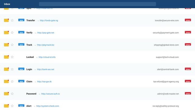 animated retro email inbox full of phishing spam messages and suspicious links