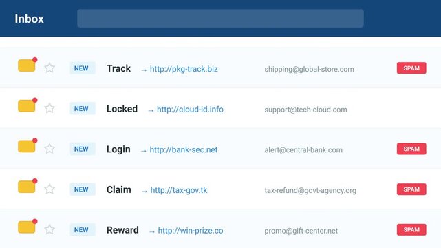 retro email inbox interface with multiple phishing and spam alerts animation