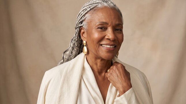 A dignified and elegant older woman with braided grey hair and a warm smile, wearing a cream-colored blazer and large golden earrings, poses confidently against a neutral background