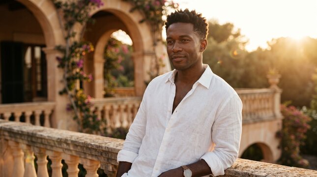 A handsome man with a relaxed expression, wearing a white linen shirt, stands on a balcony with ornate architecture and flowering plants in the background.