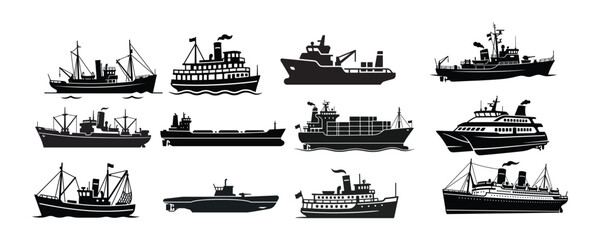 Collection of diverse ship silhouettes for maritime themes. © h4kunA