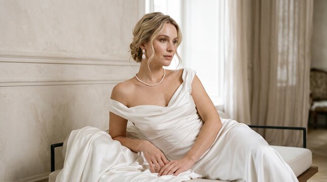Elegant bride in a luxurious white dress posing gracefully on a couch. Her hair is styled up, and she is adorned with pearl jewelry