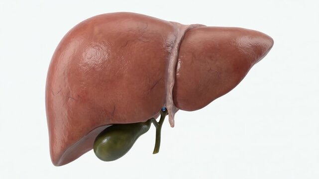 Liver organ 3D rendering with gallbladder isolated on white background for medical education and anatomy study